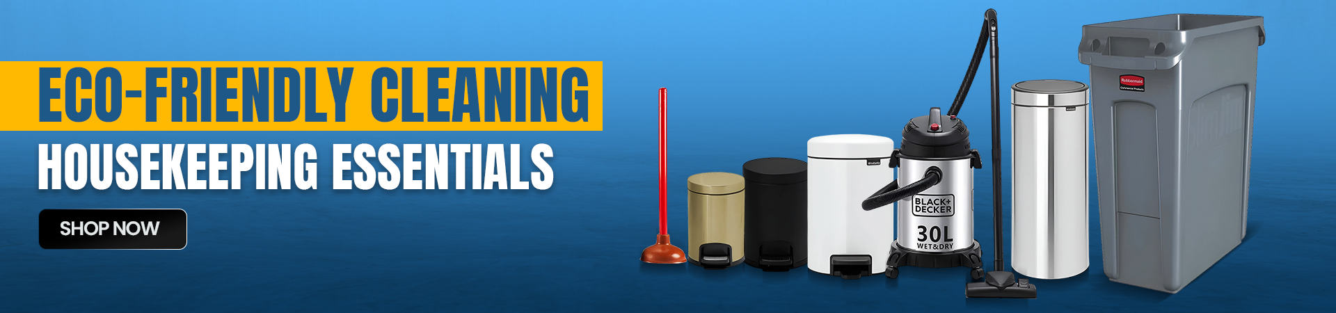 Banner displaying eco-friendly cleaning and housekeeping essentials including trash bins, plunger, vacuum cleaner, bins, and a large waste container.